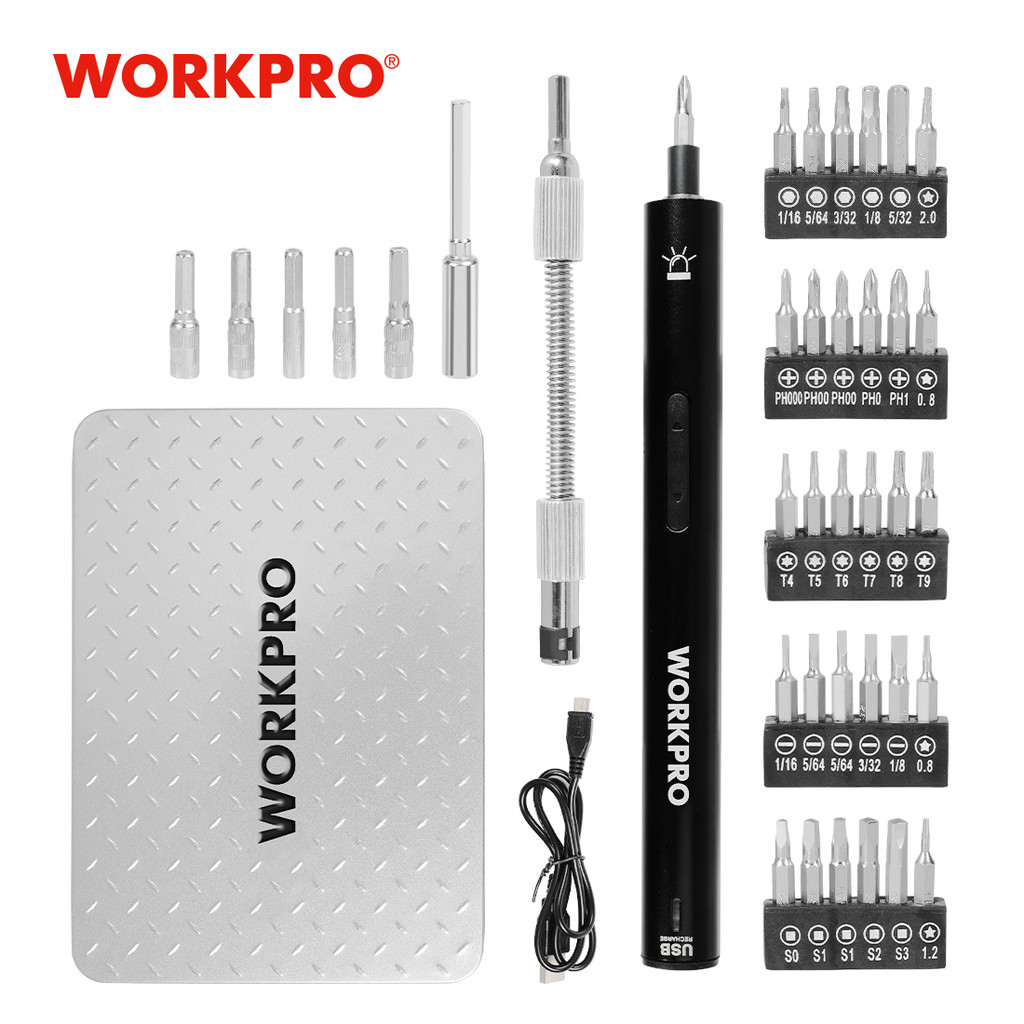 Set Presisi Obeng Listrik 3.6V WORKPRO dengan Set Obeng Isi Ulang USB Portabel Mini untuk Perbaikan 