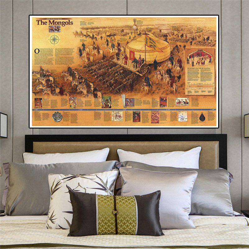 225*150 Cm The Mongols Retro Map Non-woven Canvas Painting Wall Art Poster and Prints Wall Sticker C