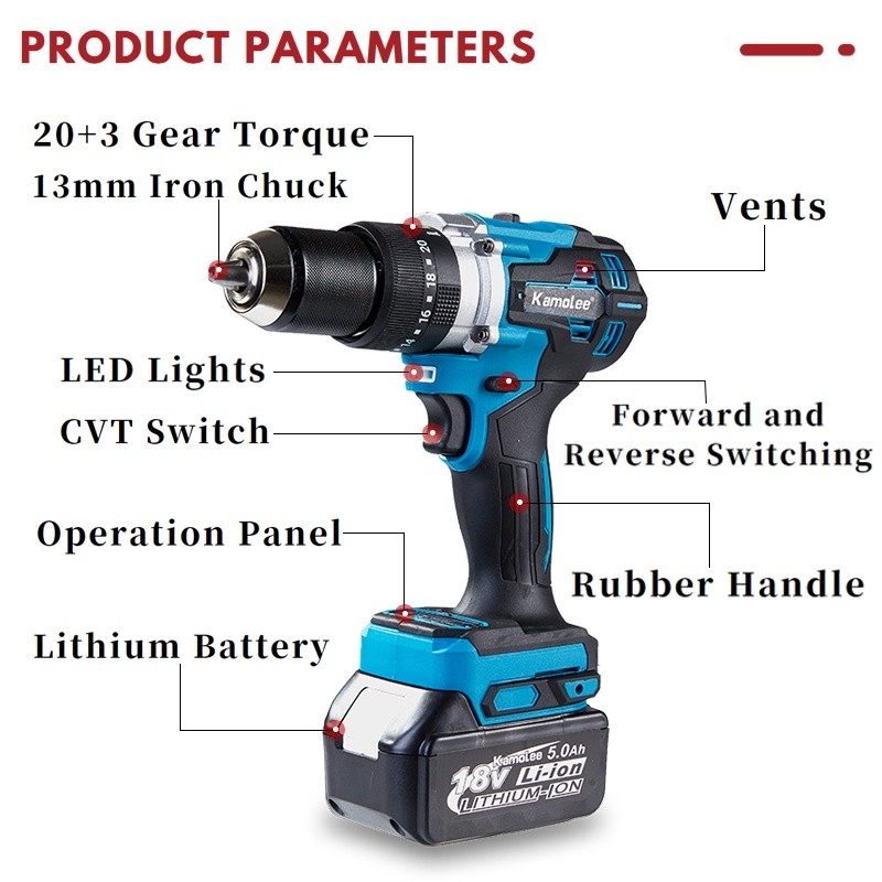 Kamolee 1m 650N.M 2450Rpm Brushless Electric Drill/Can Drill Concrete (Makita/JLD Battery