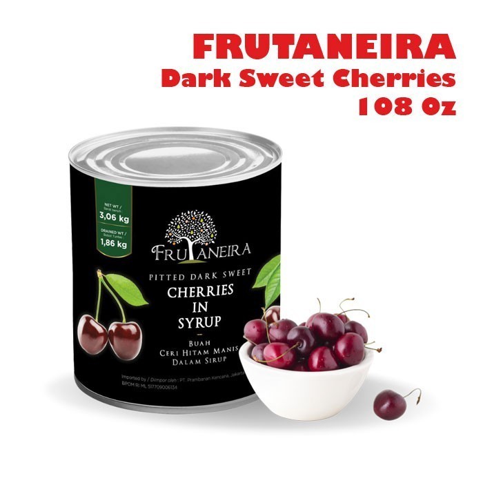 

FRUTANEIRA Dark Sweet Cherries 108 Oz / Buah Ceri Hitam Manis Kaleng 3 Kg