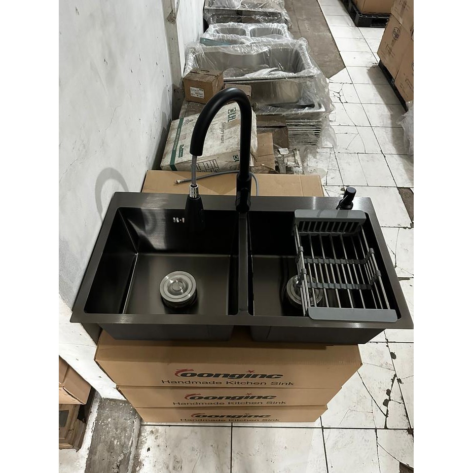 Rds - Bak Cuci Piring Kitchen Sink Wastafel 2 Lubang Hitam 82 X 45 X 21 Cm