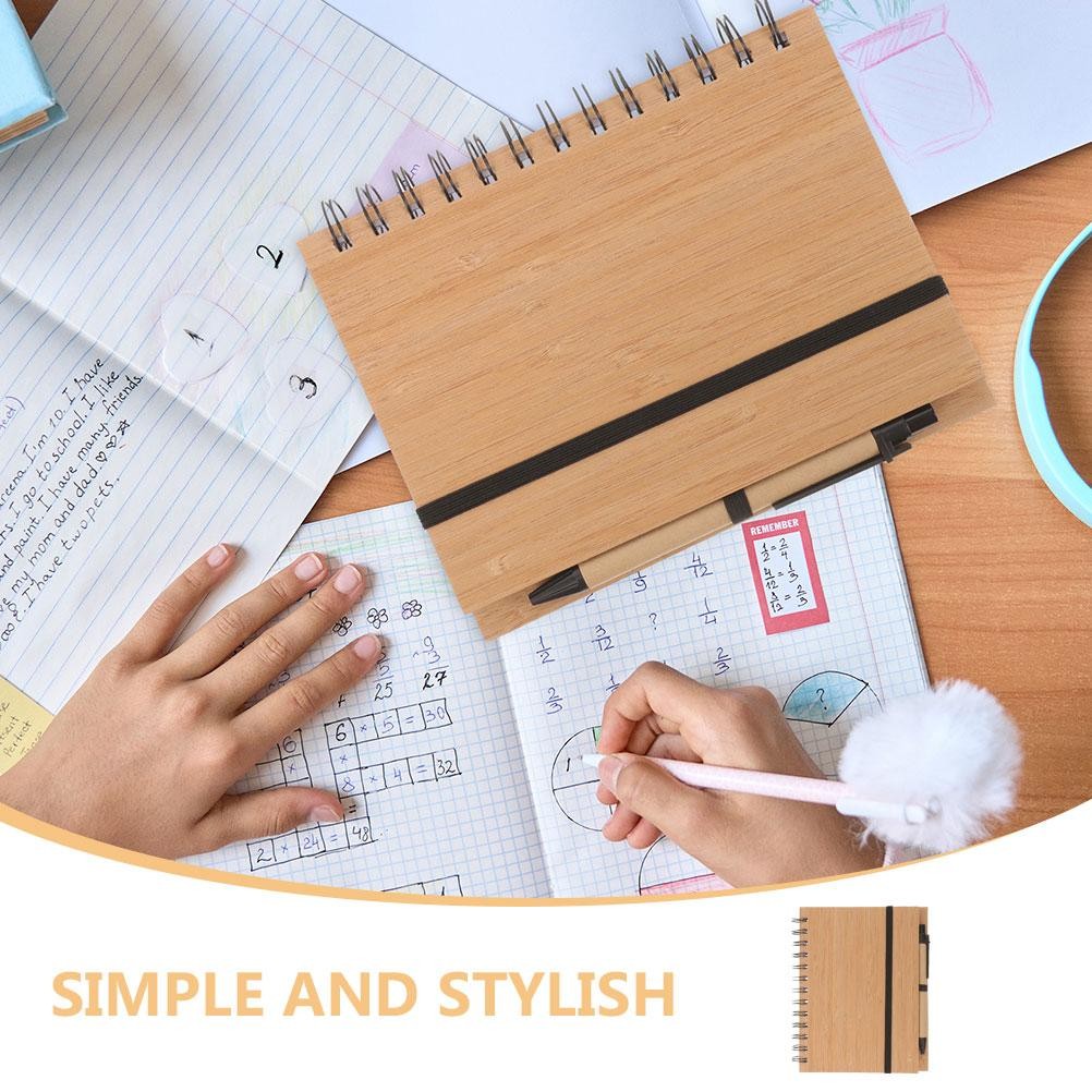 

2 Sets Bamboo Cover Notebook Pads Spiral Journal Books Portable Office Daily Use Note Pads Memo Pad