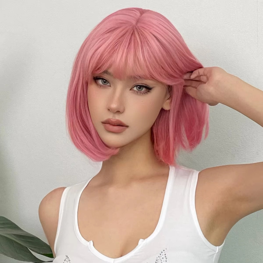 Rambut Palsu Lurus Warna Pink dengan Poni 25cm Pink Straight Fake Hair Wig with Bangs 25cm Warna Pin