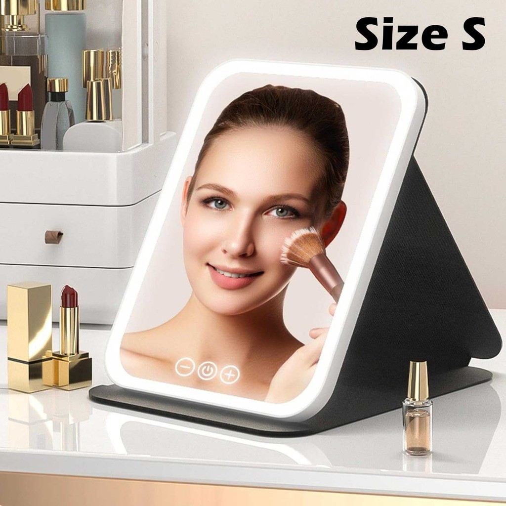 

Cermin Rias dengan Lampu LED Tiga Warna yang Dapat Diredupkan, Kotak Kulit PU Three Color Dimmable LED Light Makeup Mirror PU Leather Case Warna Hitam Ukuran S