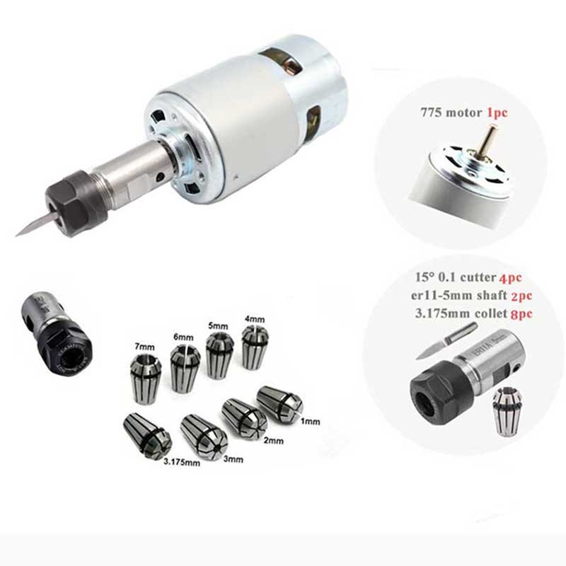 Motor DC 775 12-36V Motor Spindel Bantalan Bola dengan Pisau Ukir Batang Ekstensi ER11 untuk Mesin R