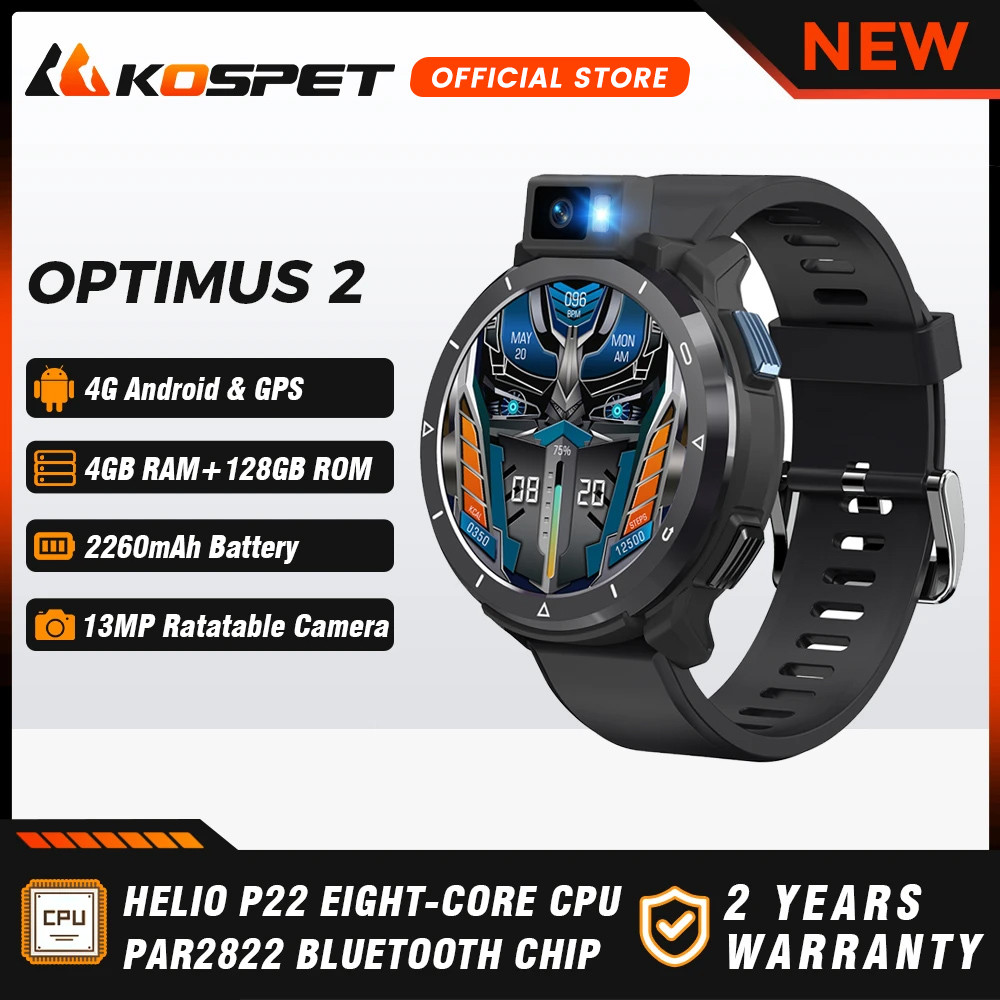 KOSPET OPTIMUS 2 Jam Tangan Pintar Android Ultra 4G Ponsel 4GB + 128GB 13MP 90 ° Senter 2260MAh GPS 
