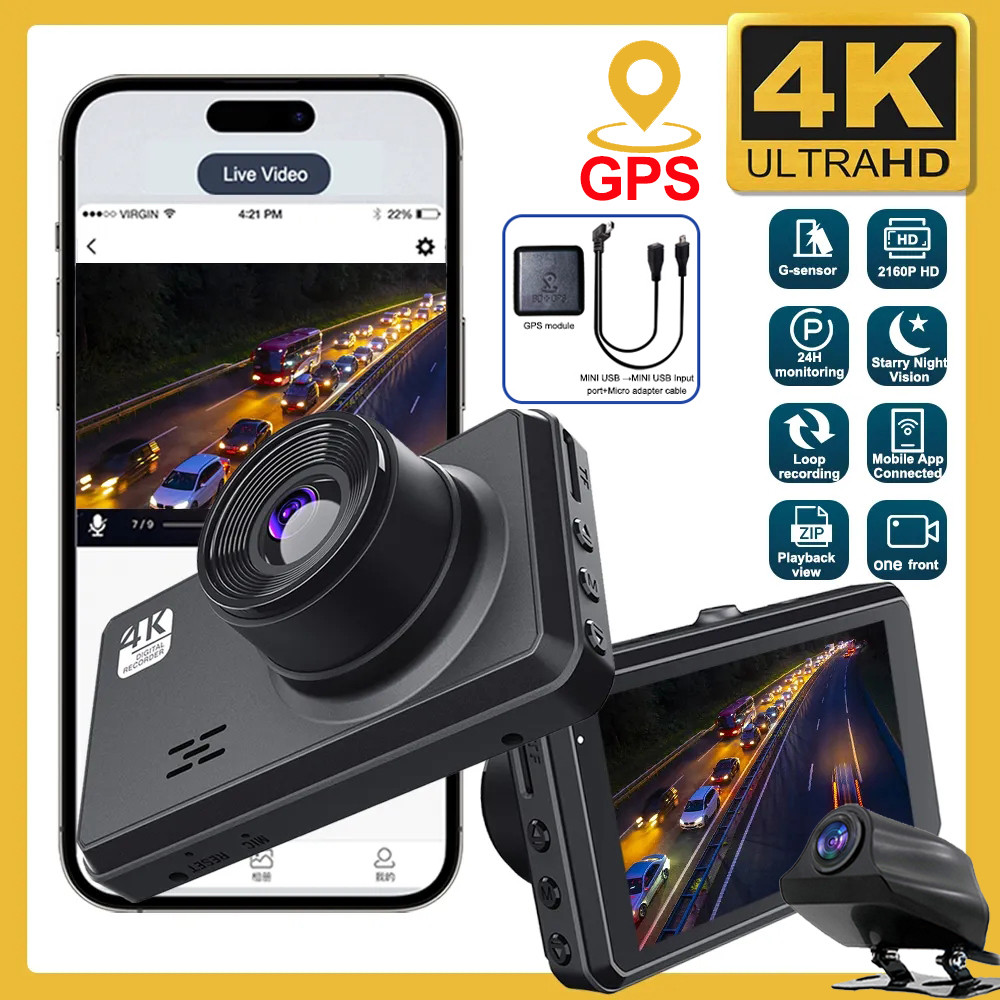 Kamera Dasbor GPS DVR Mobil 4K untuk Mobil Kamera Depan dan Belakang Kontrol WIFI Perekam Video Kame