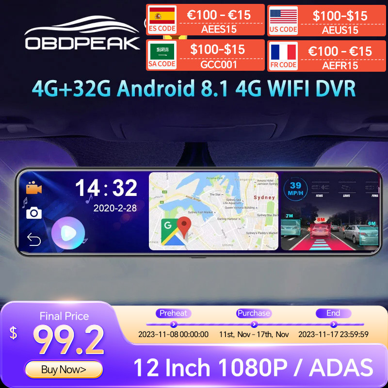 OBEPEAK D91 12 "Kaca Spion DVR Mobil 4G Android 8.1 Kamera Dasbor Navigasi GPS ADAS Full HD 1080P Pe