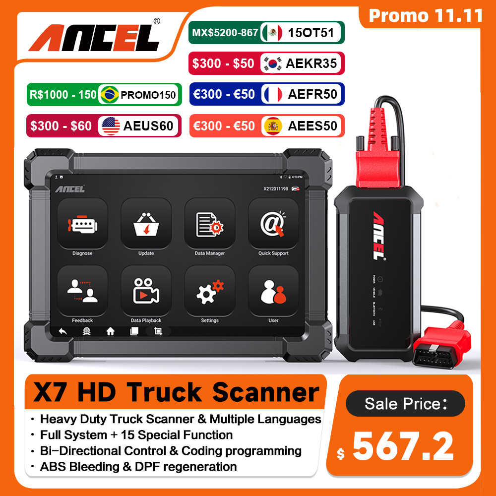 ANCEL X7 HD Alat Diagnostik Truk Tugas Berat TPMS DPF Regen ABS SAS ECU Reset Oli Semua Sistem Pemin