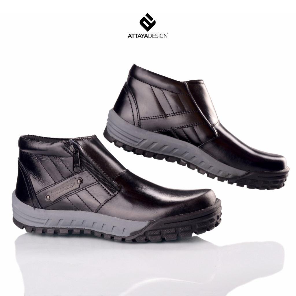 CUCI GUDANG ATTAYA DESIGN Sepatu Boot Fashion Pria Kulit Asli Original Resleting Tanpa Tali Hitam