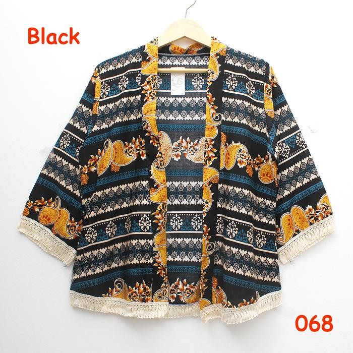 cardigan kimono katun batik tribal etnik rumbai cream bahan adem hitam