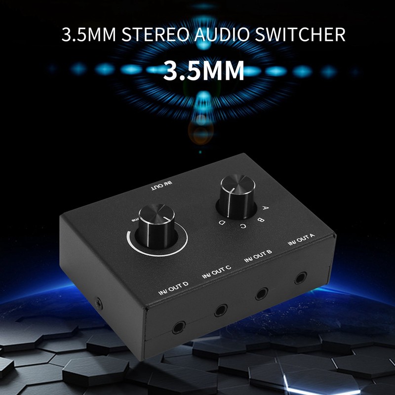 Caixa Audio Switcher com 4 Portas, 3.5mm Audio Switcher, Stereo AUX, 4 Entradas, 1 Saída, 1 Entrada,