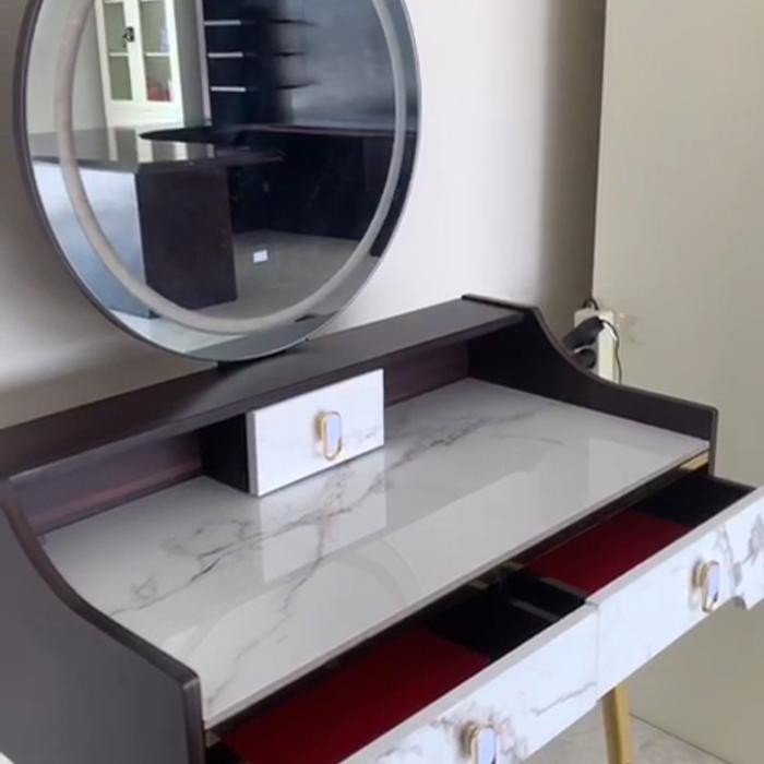 Meja Rias Lampu Led Kaca Bulat + Puff Duduk