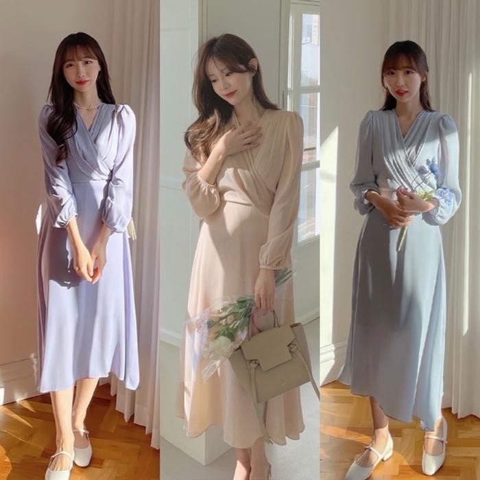 Millie Dress Korean Vintage Casual Midi Pastel Blue Hijab Lengan Long