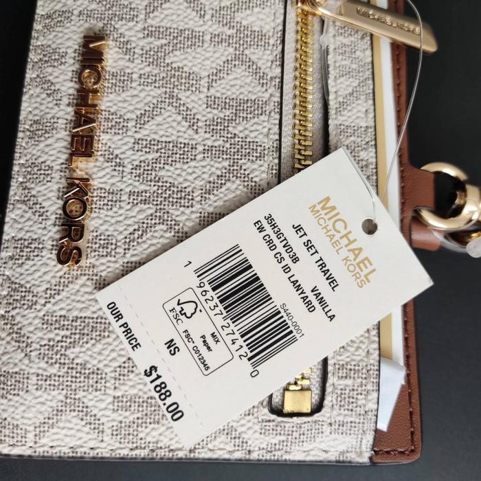 

nwt M*ichael Kors jet set travel ew card case id lanyard vanila brown ori SALE