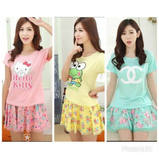Baju Tidur Piyama Pajamas Wanita Kaos Rok Tidur Cewek Katun Adem Halus