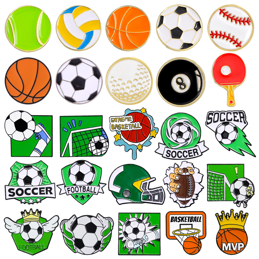 Football Soccer Broo  Creative Ball Sport Enamel Pins Fire Basketall Wing Football Rugby Table