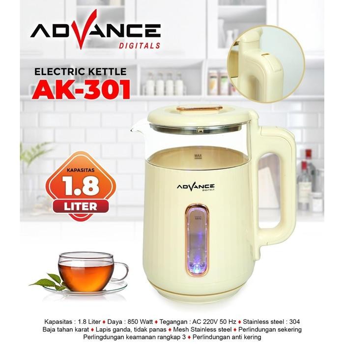 Advance Teko Listrik Ak-301 Electric Kettle 1.8L Teko Listrik Kaca Transparan Resmi 1 Tahun