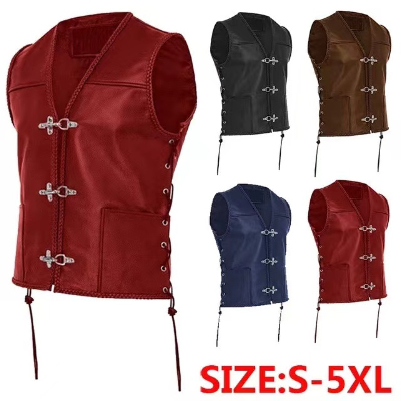 Men'S Vintage Leather Vest Single Breasted Sleeveless Top Punk Medieval Knight Vest Cycling Vest Hip