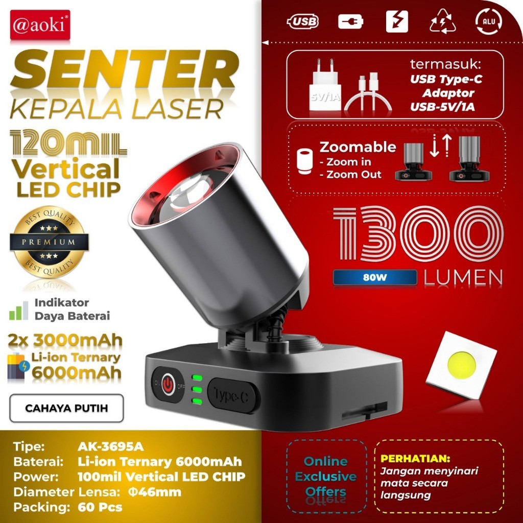 VIVE Senter Kepala Led Laser AOKI AK-3695A 80Watt 1300 Lumen Baterai 6000Mah - Zoom Jarak Jauh