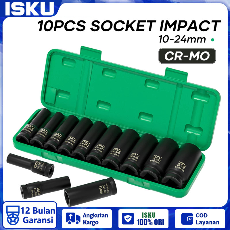 Isku Impact Socket Set 10Pcs/ Drive Deep Impact Socket Set 10Pcs/Kunci Shock /Mata Shock Impact