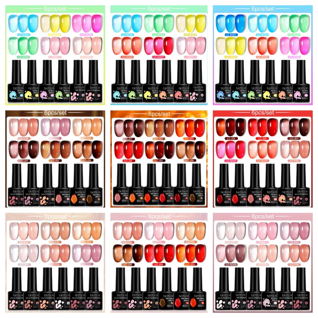 Lilycute 6Pcs/Set 7Ml Jelly Sea Glass Nail Gel Polish Spring Translucent Pink Nude Semi Permanent