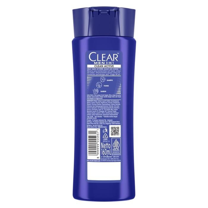 CLEAR MEN 3-IN-1 SHAMPO ACTIVE CLEAN BOTTLE 160ML