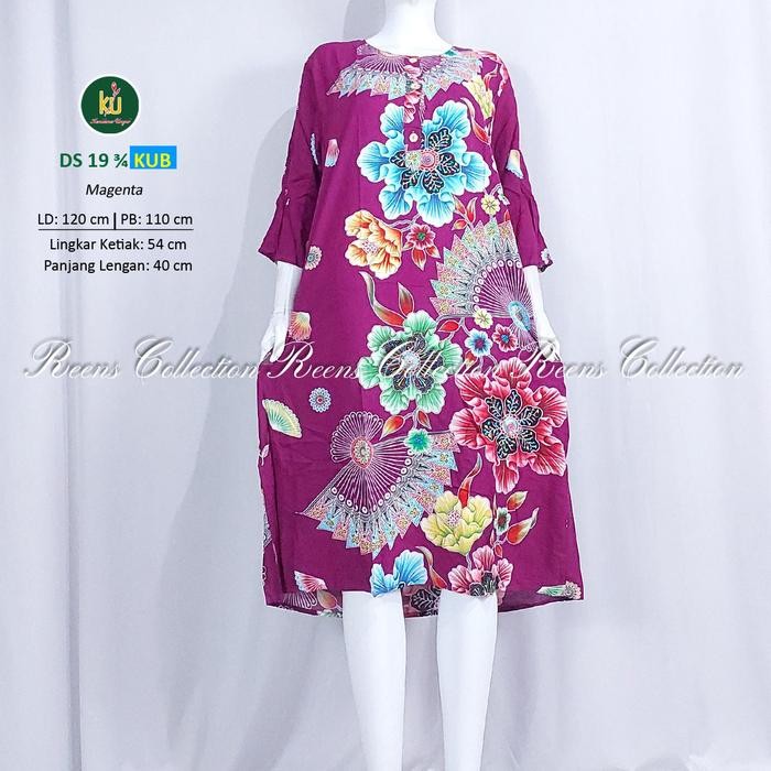 Kencana Ungu Daster 19 Lengan 3/4 Kub Label Biru Daster Rayon 3 Kancing Depan Busui Panjang Di Bawah