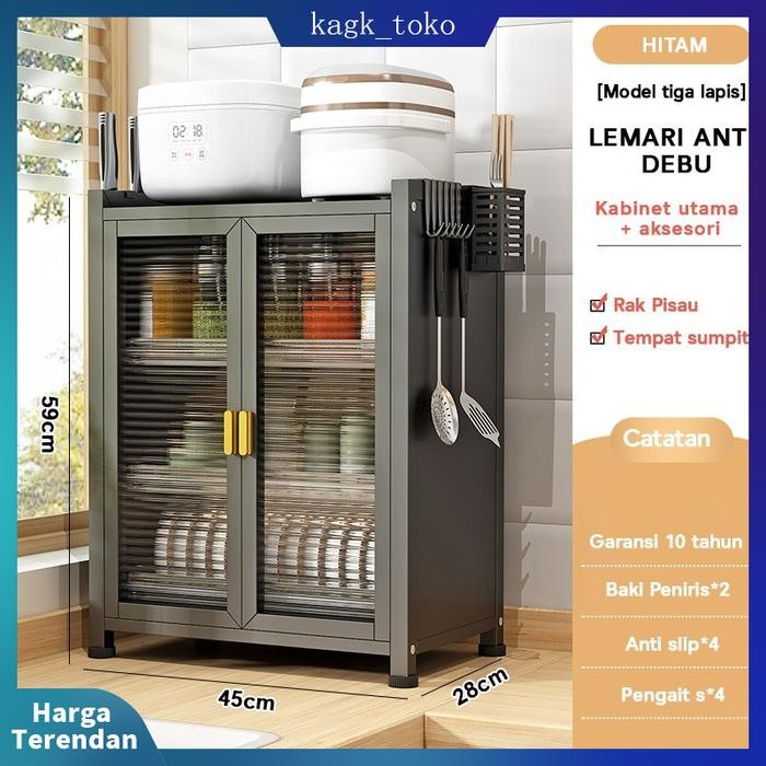 PREMIUM Lemari Piring Stainless Steel dengan Rak Piring Laci Rak Piring Tahan Debu Lemari Piring