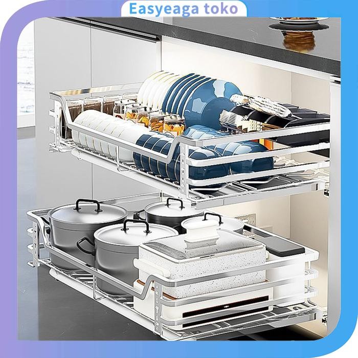PREMIUM Rak Piring Stainless Steel Rak Pengering Piring Lemari Dapur Tarik Rak