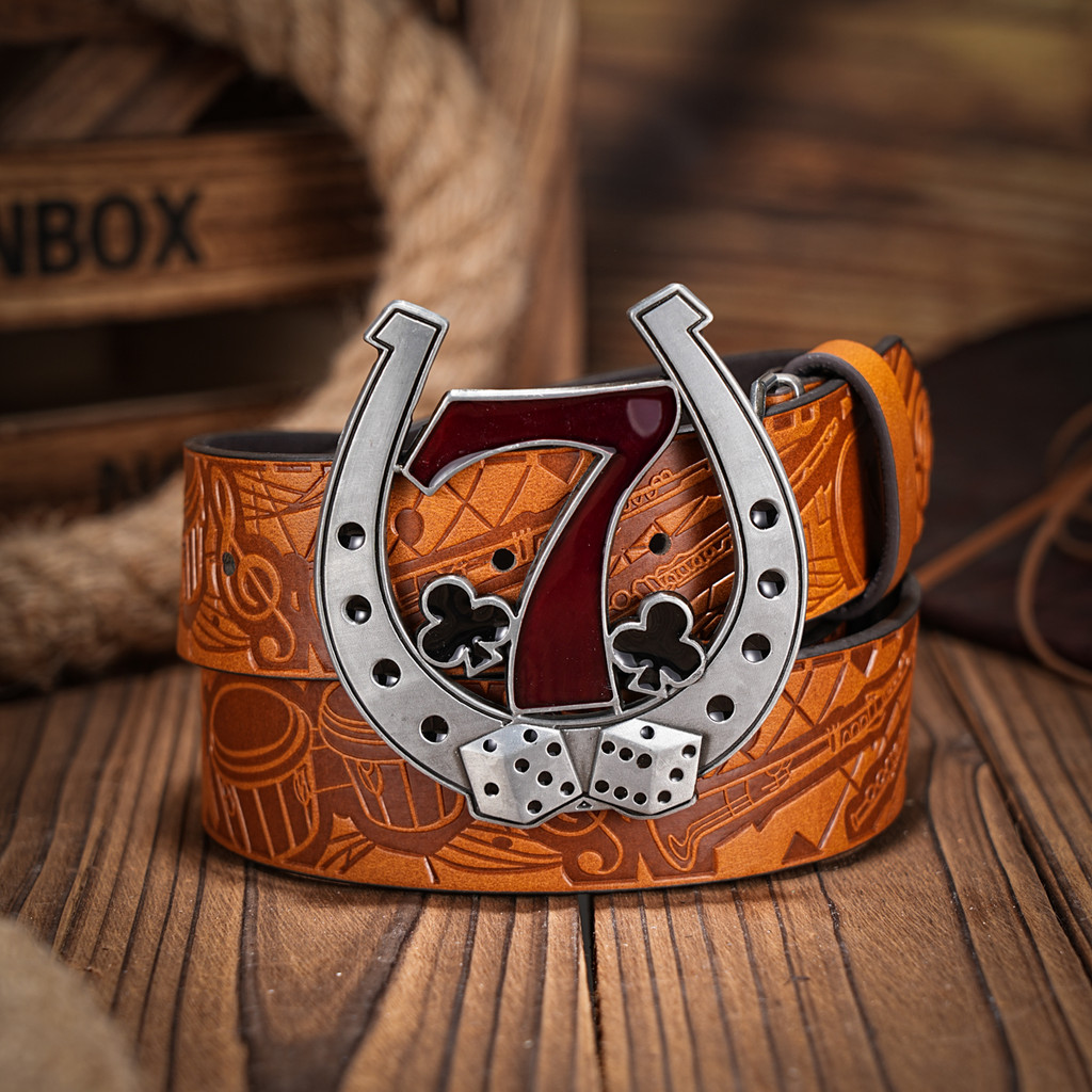 Western Denim Pu Belt - Men'S Decorative Printed Carved Denim Waistband