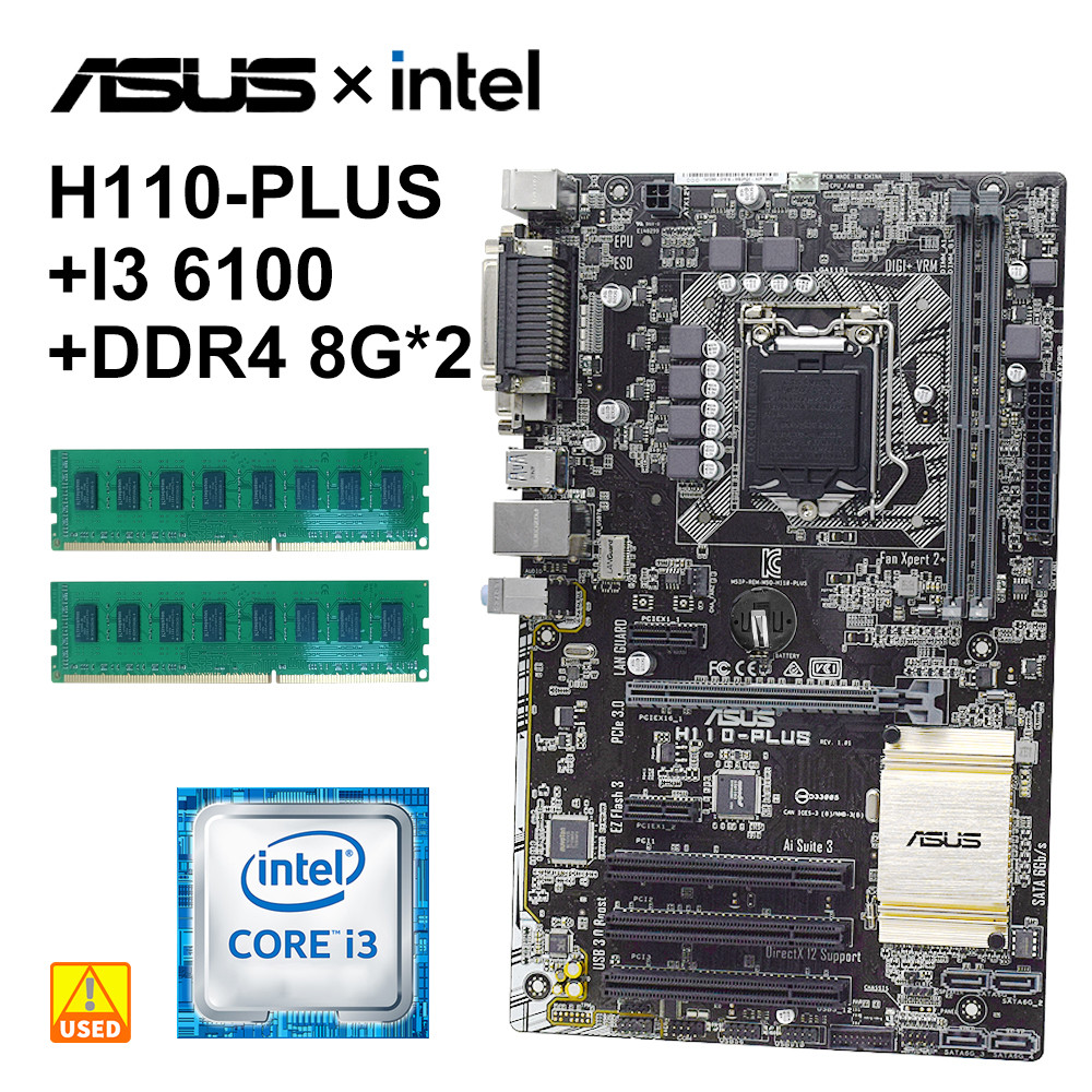 Asus H110-PLUS Motherboard with Core i3 6100 cpu+DDR4 8G*2 ram LGA 1151 intel H110 Motherboard kit P