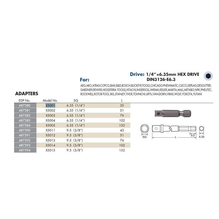 VESSEL BIT ADAPTER ADAPTOR NO X5013
