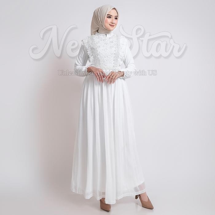 Newstar - Baju Gamis Putih Wanita Kekinian Dress Lebaran 2025 Abaya Warna Putih Terbaru Mewah B43