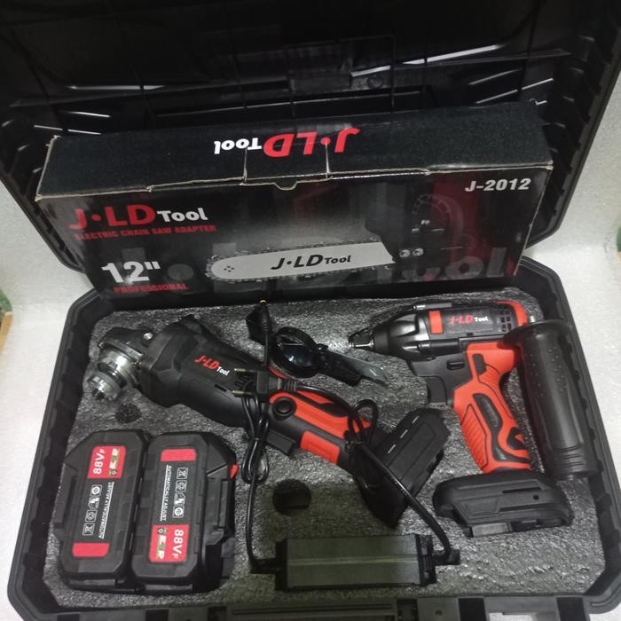 paket gerinda baterai dan impact jld 88 volt dan chainsaw mini JLD