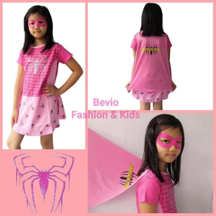 PREMIUM Baju Dress Kostum Anak Cewek Superhero Spider Girl Pink Halloween spiderman perempuan