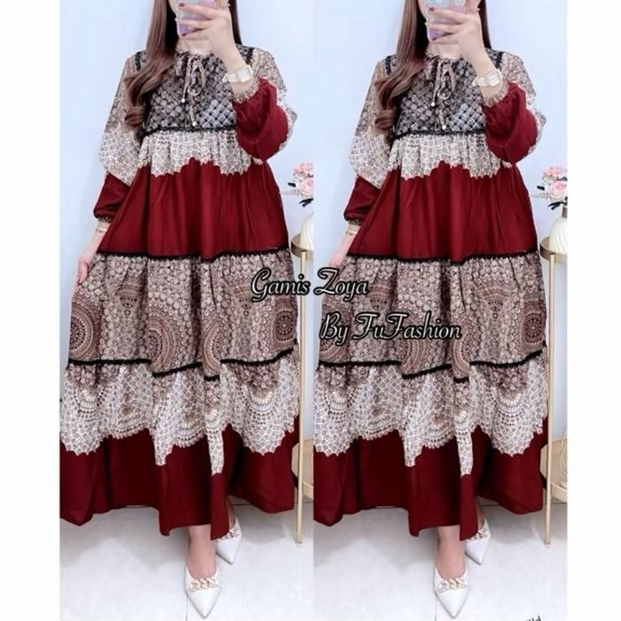 Fu- Gamis Syakira Rayon Twill Renda Tile Premium