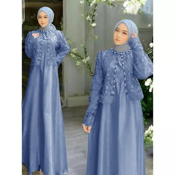 Gamis Dress Gamis Brokat Mewah Long Wanita Muslim Model Pesta Kondangan Slavina Maxi Mutiara Panjang