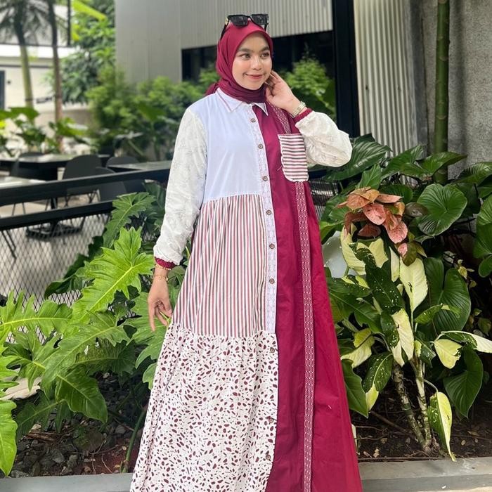 Ozea Gamis Sizu Dress By Gihaza Katun Jepang Kombinasi Motif Abstrak Premium Fashion Wanita Muslim