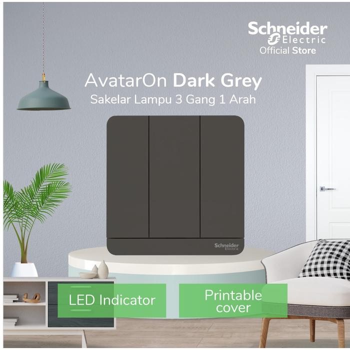(Expert) Saklar Schneider AVATAR ON 3 Gang DARK GREY ABU-ABU -