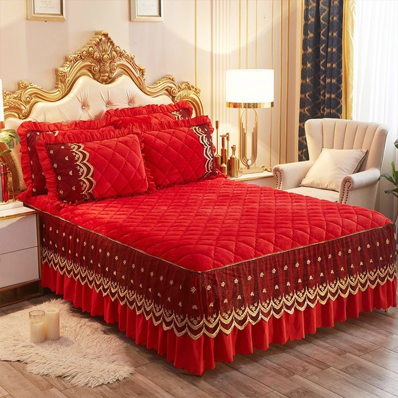 Luxury Super Soft Thick Flannel Quilted Bedspread Winter Quick Warm Velvet Bed Skirt Anti-Slip Bed