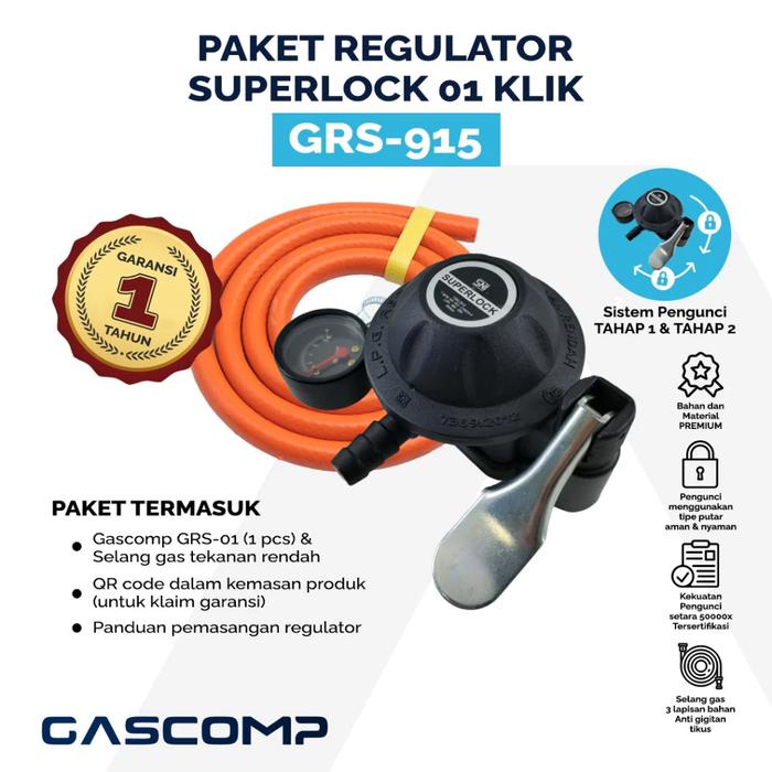 Gascomp Superlock GRS915 Paket Selang Gas + Regulator Meter Tekanan Rendah Pengunci Ganda Otomatis