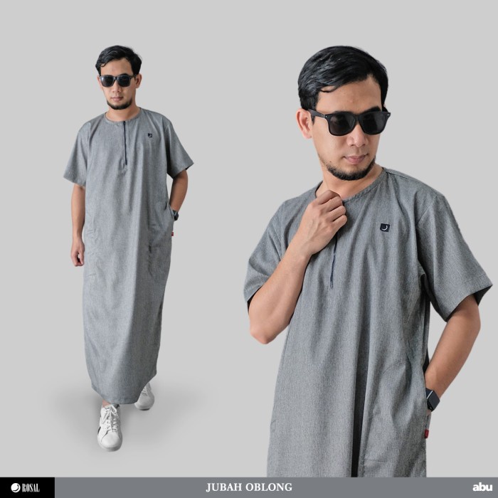 Jubah Oblong Rosal Abu Tua Baju Gamis Pria Al Haramain Lengan Pendek Tanpa Kerah Bahan Madinah