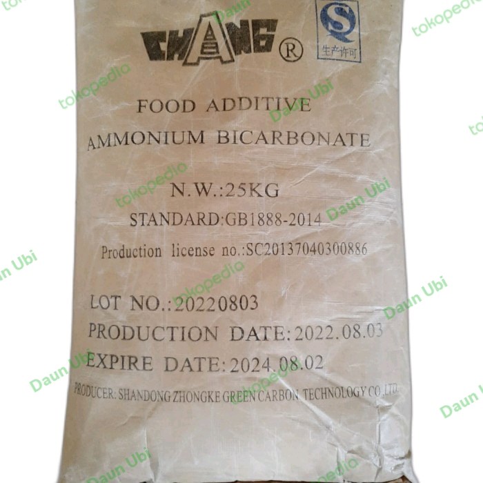 

AMMONIUM BICARBONATE / AMONIAK KUE / AMONIA KUE 25KG KODE 307