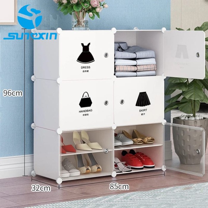 RAK SEPATU PLASTIK PORTABLE BONGKAR PASANG RAK SERBAGUNA SUSUN 4 PINTU