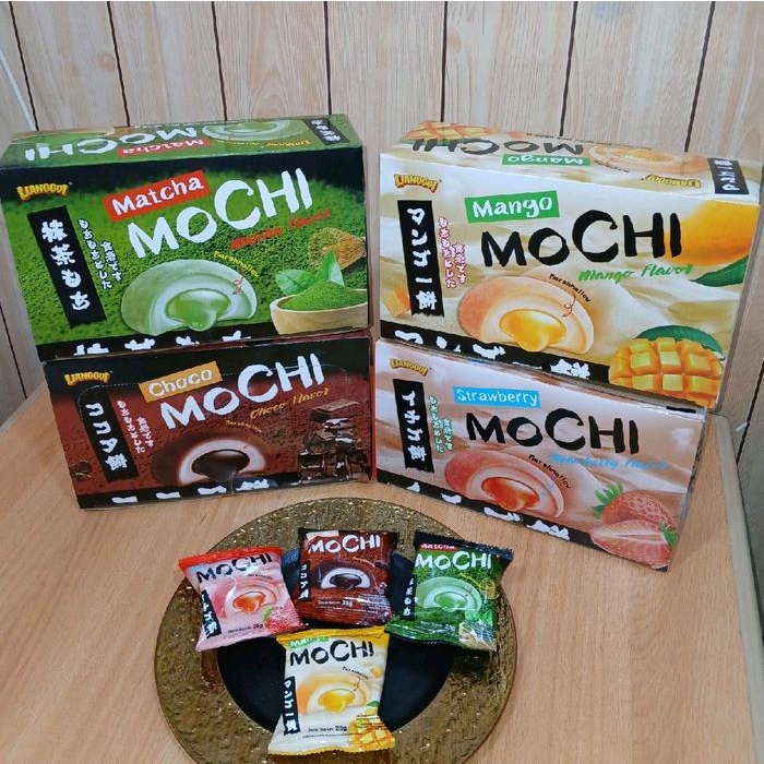 

LIANGGUI KUE MOCHI RASA MATCHA,CHOCO,STRAWBERRY DAN MANGO ( 1 BOX ISI 24 BKS @25G) KODE 1006