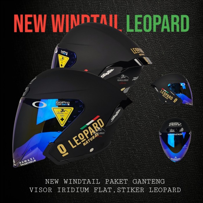 Rsv New Windtail Black Doff Paket Ganteng Leopard Helm Half Face