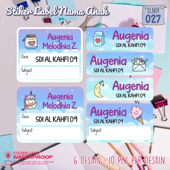 

TERBAIK stiker label nama anak anti air buku pensil baju sekolah tas SLNDF-027