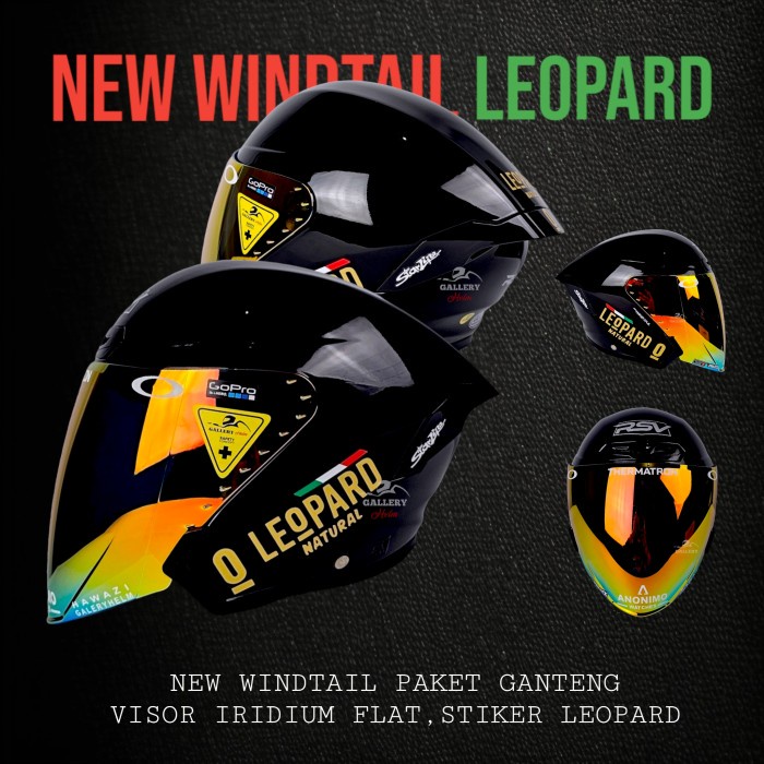 Rsv New Windtail Black Glossy Paket Ganteng Leopard Helm Half Face