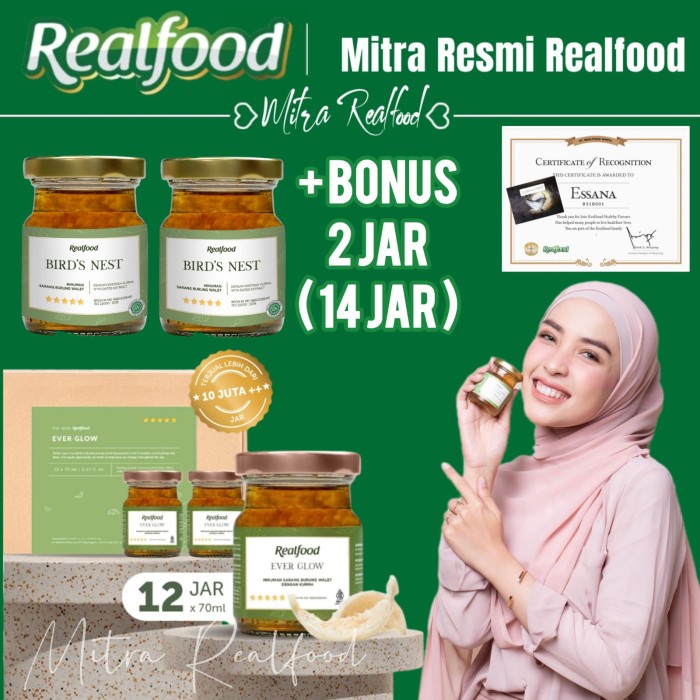 

Realfood Everglow(12 jar free 3 jar) minuman sarang burung walet kurma